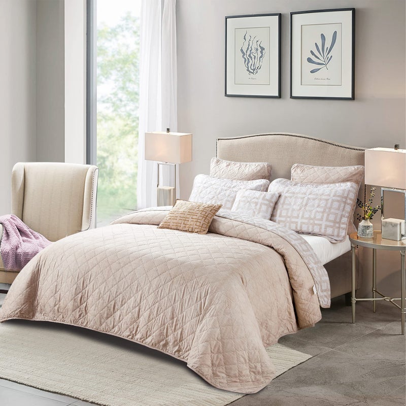 Home Soft Things 7 Piece Printed Microfiber Bedspread Quilts Set, 102" x 90" King, Austin Geo, Taupe Geometric Lightweight Bed Cover Coverlet Bedding Set with Matching Shams Pillows - Image 3